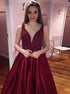 A Line V Neck Satin Prom Dress with Beadings and Pockets LBQ0258